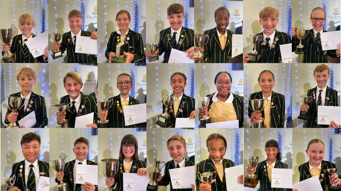 Pupils celebrating with their awards at The Ryleys School, a private prep school in Alderley Edge, Cheshire