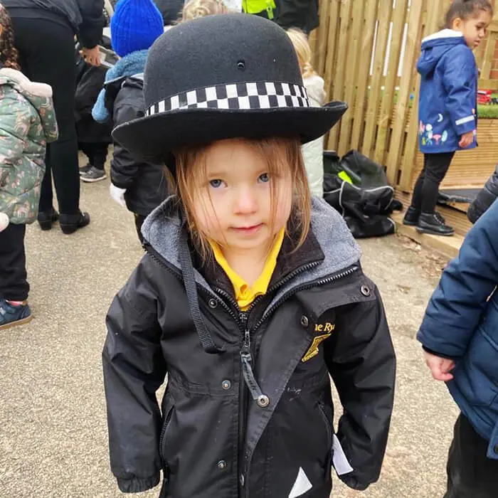 A Pre-School pupil at The Ryleys School, a private school in Alderley Edge, enjoying the visit from Cheshire Police