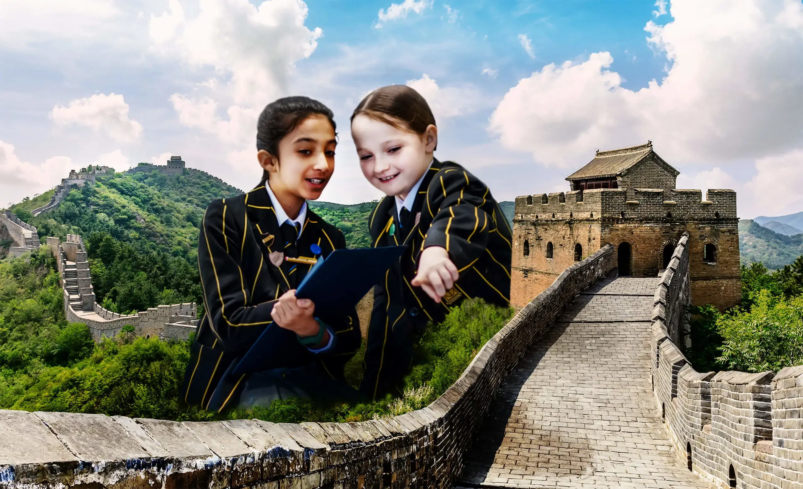 Composite image of two pupils from The Ryleys School, a prep school in Cheshire, inspecting The Great Wall Of China